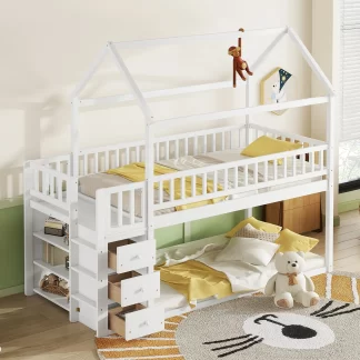 Kumix Twin over Twin Bunk Bed, Wood Bunk Bed with Shelves and Drawers for Kids Teens Adults, Heavy Duty Bunk Bed Frame with Safety Guardrail and Ladder for Bedroom, Noise-Free, White