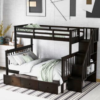 Kumix Bunk Bed with Drawers, Twin over Full Bunk Bed with Shelves, Full Length Guardrail and Stair for Kids Teens Adults, Wood Bunk Bed Able to Split, 2 in 1 Bunk Bed, Noise-Free, Espresso