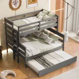 Kumix Bunk Bed with Trundle, Twin over Full Bunk Bed for Kids Teens Adults with Full Length Guardrail and Ladder, Wood Bunk Bed Frame Able to Split, with Twin Size Trundle, Noise-Free, Grey
