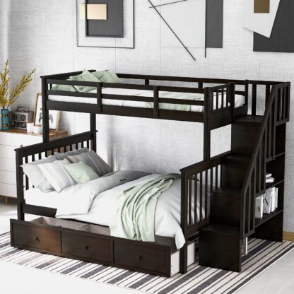 Kumix Bunk Bed with Drawers, Twin over Full Bunk Bed with Shelves, Full Length Guardrail and Stair for Kids Teens Adults, Wood Bunk Bed Able to Split, 2 in 1 Bunk Bed, Noise-Free, Espresso