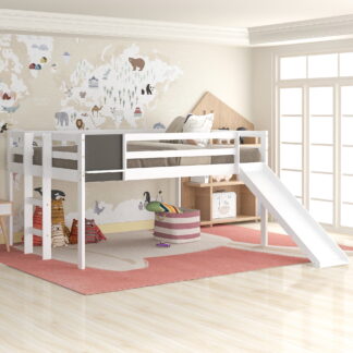 Kumix Loft Bed Twin Size with Slide, Wood Loft Bed with Blackboard, Full Length Guardrail and Ladder for Kids Teens Boys/Girls, Loft Bed Frame for Bedroom, Space-Saving, Noise-Free, White