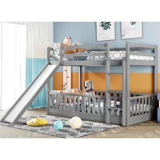 Kumix Twin over Twin Bunk Bed with Slide, Wood Bunk Bed for Kids Teens with Full Length Guardrail, House Bunk Bed Frame for Bedroom, Dom, Noise-Free, No Box Spring Needed, Gray