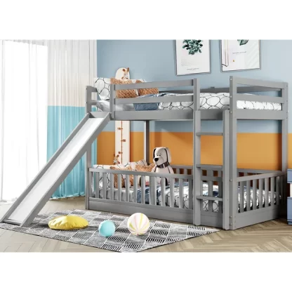 Kumix Twin over Twin Bunk Bed with Slide, Wood Bunk Bed for Kids Teens with Full Length Guardrail, House Bunk Bed Frame for Bedroom, Dom, Noise-Free, No Box Spring Needed, Gray