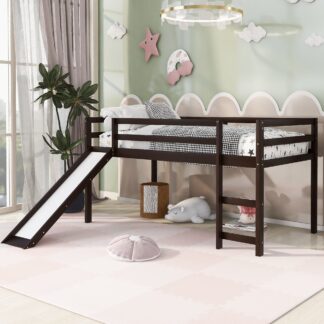 Kumix Loft Bed Twin Size with Slide, Wood Loft Bed with Full Length Guardrail and Ladder for Kids Teens, Boys/Girls, Twin Wood Loft Bed for Bedroom, Dorm, Noise-Free, No Box Spring Needed, Espresso