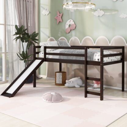 Kumix Loft Bed Twin Size with Slide, Wood Loft Bed with Full Length Guardrail and Ladder for Kids Teens, Boys/Girls, Twin Wood Loft Bed for Bedroom, Dorm, Noise-Free, No Box Spring Needed, Espresso