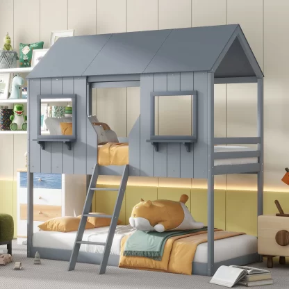 Kumix Twin over Twin Bunk Bed, House Bed with Full-Length Guardrail and Ladder for Kids Teens Boys/Girls, Wood Bunk Bed with Roof and Window for Bedroom, Noise-Free, No Box Spring Needed, Gray