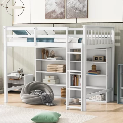 Kumix Loft Bed Twin Size, Wood Loft Bed with 8 Open Storage Shelves and Built-in Ladder, Full Length Guardrail for Kids Teens Adults, Heavy Duty Loft Bed Frame for Bedroom, Space-Saving, White