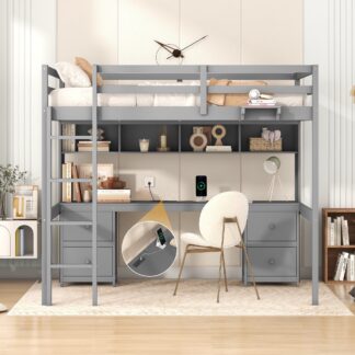 Kumix Loft Bed Full Size with Desk, Wood Loft Bed with Drawers and Bedside Tray, Charging Station for Kids Teens Adults, Heavy Duty Loft Bed for Bedroom, Dorm, Noise-Free, Space-Saving, Gray