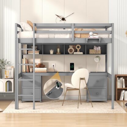 Kumix Loft Bed Full Size with Desk, Wood Loft Bed with Drawers and Bedside Tray, Charging Station for Kids Teens Adults, Heavy Duty Loft Bed for Bedroom, Dorm, Noise-Free, Space-Saving, Gray