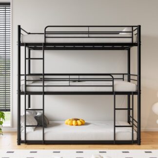 Kumix Triple Twin Bunk Bed, Twin Over Twin and Twin Metal Bunk Bed with Full-Length Guardrail and 2 Ladders for Kids Teens Adults, 3 in 1 Bunk Bed, Noise-Free, No Box Spring Need, Black