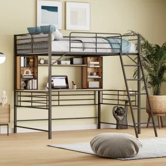 Kumix Loft Bed Full Size, Metal Loft Bed with Desk and Shelves for Kids, Teens, Adults, Heavy-Duty Loft Bed with Full Length Guardrail and Ladder for Bedroom, Space-Saving, Noise-Free, Black