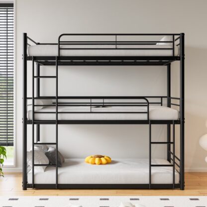 Kumix Triple Twin Bunk Bed, Twin Over Twin and Twin Metal Bunk Bed with Full-Length Guardrail and 2 Ladders for Kids Teens Adults, 3 in 1 Bunk Bed, Noise-Free, No Box Spring Need, Black