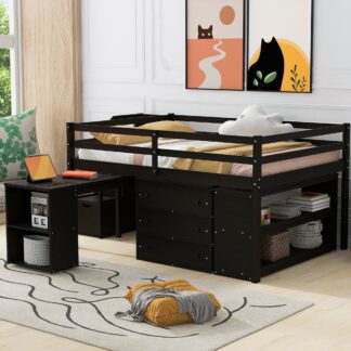 Kumix Loft Bed Full Size, Wood Loft Bed with Desk and 3 Drawers for Kids Teens Adults, Loft Bed Frame with Storage Stairs and Shelves for Bedroom, Space-Saving, Noise-Free, Easy Assembly, Espresso