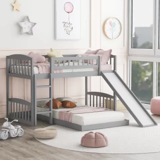 Kumix Bunk Bed with Slide, Twin over Twin Bunk Bed with Full Length Guardrail and Ladder for Kids Teens, Wood Bunk Bed Frame for Bedroom, Dorm, Easy Assembly, Noise-Free, Grey