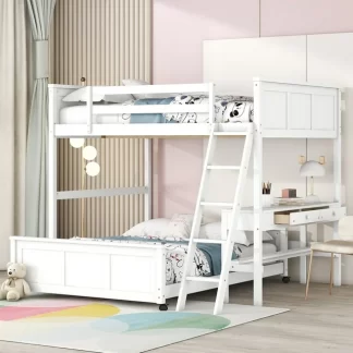 Kumix Bunk Bed with Desk, Full over Full Bunk Bed with Drawers, Full Length Guardrail and Inclined Ladder for Kids, Teens, Adults, Wood Bunk Bed Frame for Bedroom, Noise-Free, White