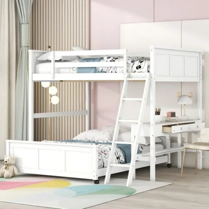 Kumix Bunk Bed with Desk, Full over Full Bunk Bed with Drawers, Full Length Guardrail and Inclined Ladder for Kids, Teens, Adults, Wood Bunk Bed Frame for Bedroom, Noise-Free, White
