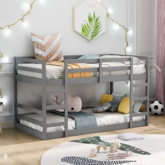 Kumix Twin over Twin Bunk Bed, Low Bunk Bed with Full Length Guardrail and 2 Ladders for Kids Teens Adults, Wood Bunk Bed Frame for Bedroom, Dorm, No Box Spring Needed, Grey