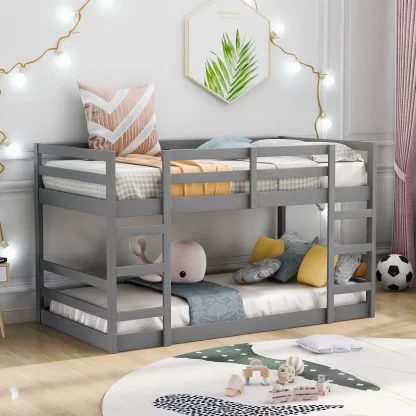 Kumix Twin over Twin Bunk Bed, Low Bunk Bed with Full Length Guardrail and 2 Ladders for Kids Teens Adults, Wood Bunk Bed Frame for Bedroom, Dorm, No Box Spring Needed, Grey