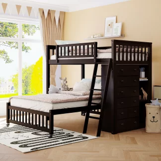 Kumix Twin over Full Bunk Bed, Wood Bunk Bed with Drawers, Flexible Shelves, Full Length Guardrail and Ladder for Kids Teens Adults, Heavy Duty Bunk Bed with Removable Bottom Bed, Espresso