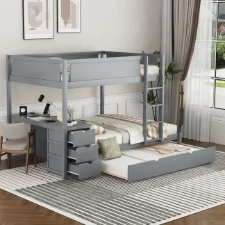 Kumix Bunk Bed with Trundle, Full over Full Bunk Bed with Desk, Drawers, USB Ports for Kids Teens Adults, Wood Bunk Bed with Safety Guardrail and Ladder for Bedroom, Noise-Free, Gray