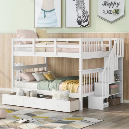 Kumix Bunk Bed with Drawers, Full over Full Bunk Bed with Shelves Full Length Guardrail and Stair for Kids Teens Adults, Wood Bunk Bed Able to Split, 2 in 1 Bunk Bed, Noise-Free, White