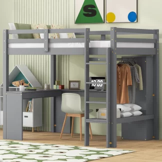 Kumix Twin Size Loft Bed with Desk, Wood Loft Bed with Wardrobe and Storage Shelves for Kids Teens Adults, Heavy Duty Loft Bed with Full Length Guardrail and Ladder, Noise-Free, Gray