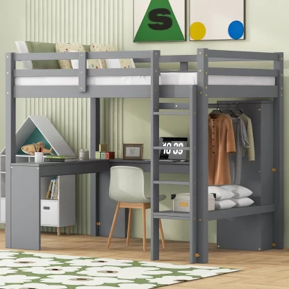 Kumix Twin Size Loft Bed with Desk, Wood Loft Bed with Wardrobe and Storage Shelves for Kids Teens Adults, Heavy Duty Loft Bed with Full Length Guardrail and Ladder, Noise-Free, Gray