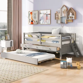 Kumix Twin Size Loft Bed with Trundle, Low Loft Bed with Full Safety Fence, Climbing ladder, Storage Drawers for Kids Teens Adults, Solid Wood Loft Bed for Bedroom, Dorm, Space-Saving, White