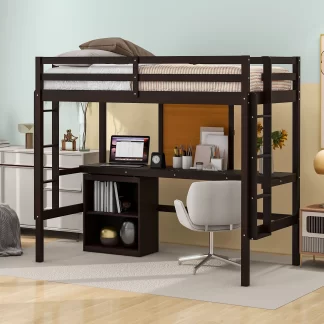 Kumix Loft Bed Twin Size with Desk, Wood Loft Bed with Writing Board, Full Length Guardrail, 2 Ladders and 2 Drawers Cabinet for Kids Teens Adults, Heavy Duty Loft Bed Frame for Bedroom, Espresso