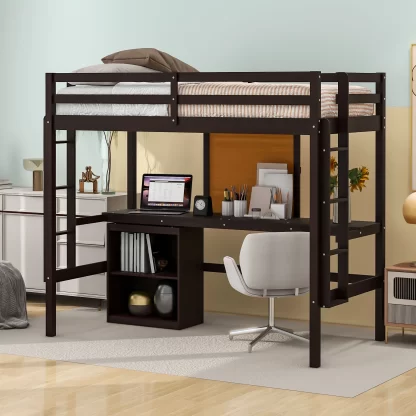 Kumix Loft Bed Twin Size with Desk, Wood Loft Bed with Writing Board, Full Length Guardrail, 2 Ladders and 2 Drawers Cabinet for Kids Teens Adults, Heavy Duty Loft Bed Frame for Bedroom, Espresso