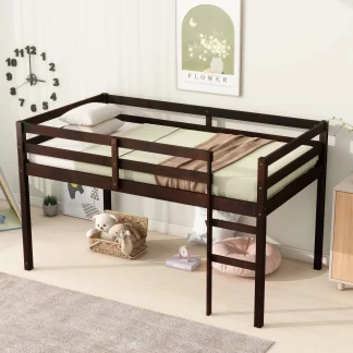 Kumix Loft Bed Twin Size, Wood Loft Bed with Full Length Guardrail and Build-in Ladder for Kids Teens Adults, Heavy Duty Loft Bed for Bedroom, Dorm, Spacious Under Bed Space, Noise-Free, Espresso