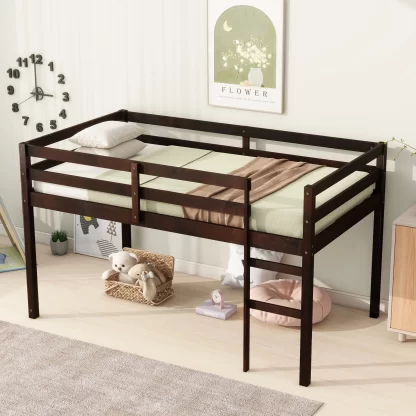 Kumix Loft Bed Twin Size, Wood Loft Bed with Full Length Guardrail and Build-in Ladder for Kids Teens Adults, Heavy Duty Loft Bed for Bedroom, Dorm, Spacious Under Bed Space, Noise-Free, Espresso