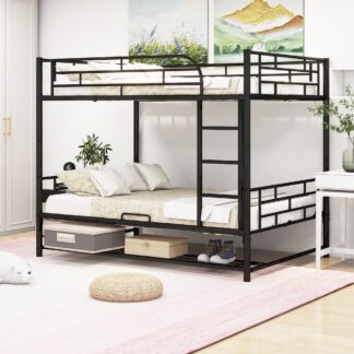 Kumix Bunk Bed Full over Full, Metal Bunk Bed with Shelf, Ladder and Full-Length Guardrails for Kids Teens, Heavy Duty Bunk Bed Frame for Bedroom, Dom, Noise-Free, Separate into 2 Full Beds, Black