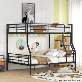 Kumix Full XL over Queen Bunk Bed, Metal Bunk Bed with Full Length Guardrail and Ladder for Kids Teens Adults, Able to Split, Heavy Duty Bunk Bed for 3, Noise-Free, No Box Spring Needed, Black