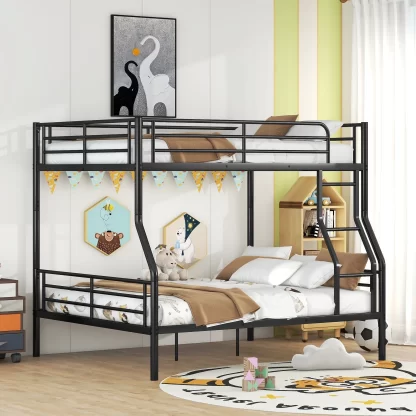 Kumix Full XL over Queen Bunk Bed, Metal Bunk Bed with Full Length Guardrail and Ladder for Kids Teens Adults, Able to Split, Heavy Duty Bunk Bed for 3, Noise-Free, No Box Spring Needed, Black
