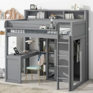 Kumix Loft Bed Twin Size with Desk, Wood Loft Bed with Multiple Storage Shelves and Wardrobe for Kids Teens Adults, Heavy Duty Loft Bed with Safety Guardrail and Ladder, Noise-Free, Gray