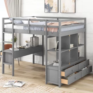 Kumix Loft Bed Full Size with Desk, Wood Loft Bed with Drawers, Full Length Guardrail, Ladder and Storage Shelves for Kids Teens Adults, Heavy Duty Loft Bed for Bedroom, Space-Saving, Gray