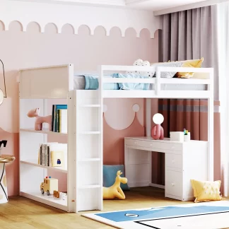 Kumix Loft Bed Full Size, Wood Loft Bed with Desk, 3 Shelves, 4 Drawers Full Length Guardrail and Ladder for Kids Teens Adults, Space-Saving Loft Bed Frame for Bedroom, Noise-Free, White