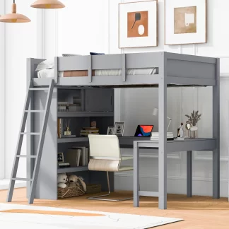 Kumix Loft Bed Full Size with Desk and Shelf, Wood Loft Bed with Full Length Guardrail and Ladder for Kids Teens Adults, Heavy Duty Loft Bed Frame for Bedroom, Dorm, Space-Saving, Noise-Free, Gray