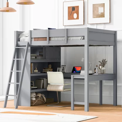 Kumix Loft Bed Full Size with Desk and Shelf, Wood Loft Bed with Full Length Guardrail and Ladder for Kids Teens Adults, Heavy Duty Loft Bed Frame for Bedroom, Dorm, Space-Saving, Noise-Free, Gray