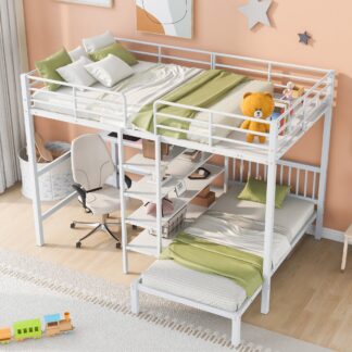 Kumix Metal Bunk Bed with Desk, Full over Twin Bunk Bed with Shelves, Full Length Guardrail and Ladder for Kids Teens Adults, Heavy Duty Bunk Bed for Bedroom, Dom, Space-Saving, White