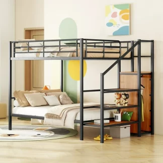 Kumix Full over Full Bunk Bed, Metal Bunk Bed with Storage Staircase and Wardrobe for Kids Teens, Adults, Multifunctional Bunk Bed with Ladder and Guardrails, Space-Saving, Noise-Free, Black