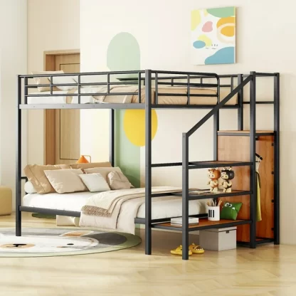 Kumix Full over Full Bunk Bed, Metal Bunk Bed with Storage Staircase and Wardrobe for Kids Teens, Adults, Multifunctional Bunk Bed with Ladder and Guardrails, Space-Saving, Noise-Free, Black