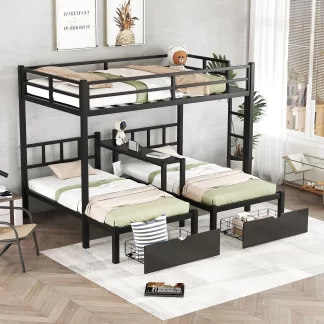 Kumix Triple Bunk Bed with Desk, Full XL over Twin and Twin Bunk Bed for Kids Teens with Drawers and Full-Length Guardrail, Heavy Duty Metal Bunk Bed for Bedroom, 3 Beds in 1, Noise Free, Black
