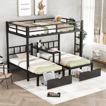 Kumix Triple Bunk Bed with Desk, Full XL over Twin and Twin Bunk Bed for Kids Teens with Drawers and Full-Length Guardrail, Heavy Duty Metal Bunk Bed for Bedroom, 3 Beds in 1, Noise Free, Black