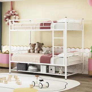 Kumix Bunk Bed Twin over Twin, Metal Bunk Bed with Shelf, Ladder and Full-Length Guardrails for Kids Teens, Heavy Duty Bunk Bed Frame for Bedroom, Dom, Noise-Free, Separate into 2 Twin Beds, White