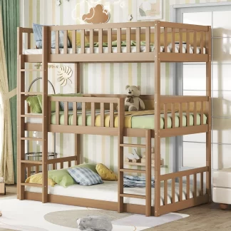 Kumix Wood Triple Bunk Bed, Twin over Twin over Twin Bunk Bed with Guardrails, 2 Built-in Ladders for Kids Teens Adults, Detachable Triple Twin Bunk Bed, 3 in 1 Bunk Bed, Easy Assembly, Oak