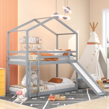 Kumix House Bunk Bed with Slide, Twin over Twin Bunk Bed with Full Length Guardrail and Ladder for Kids Teens, Wood Bunk Bed Frame for Bedroom, Dom, Low Bed for Toddler, Noise-Free, Grey