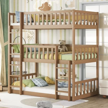 Kumix Wood Triple Bunk Bed, Twin over Twin over Twin Bunk Bed with Guardrails, 2 Built-in Ladders for Kids Teens Adults, Detachable Triple Twin Bunk Bed, 3 in 1 Bunk Bed, Easy Assembly, Oak