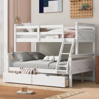 Kumix Twin over Full Bunk Bed, Wood Bunk Bed with Drawers, Safety Guardrail, Ladder for Kids Teens Adults, 2 Bunk Bed in 1, Can Convertible in to 2 Beds, Space-Saving, Noise-Free, White